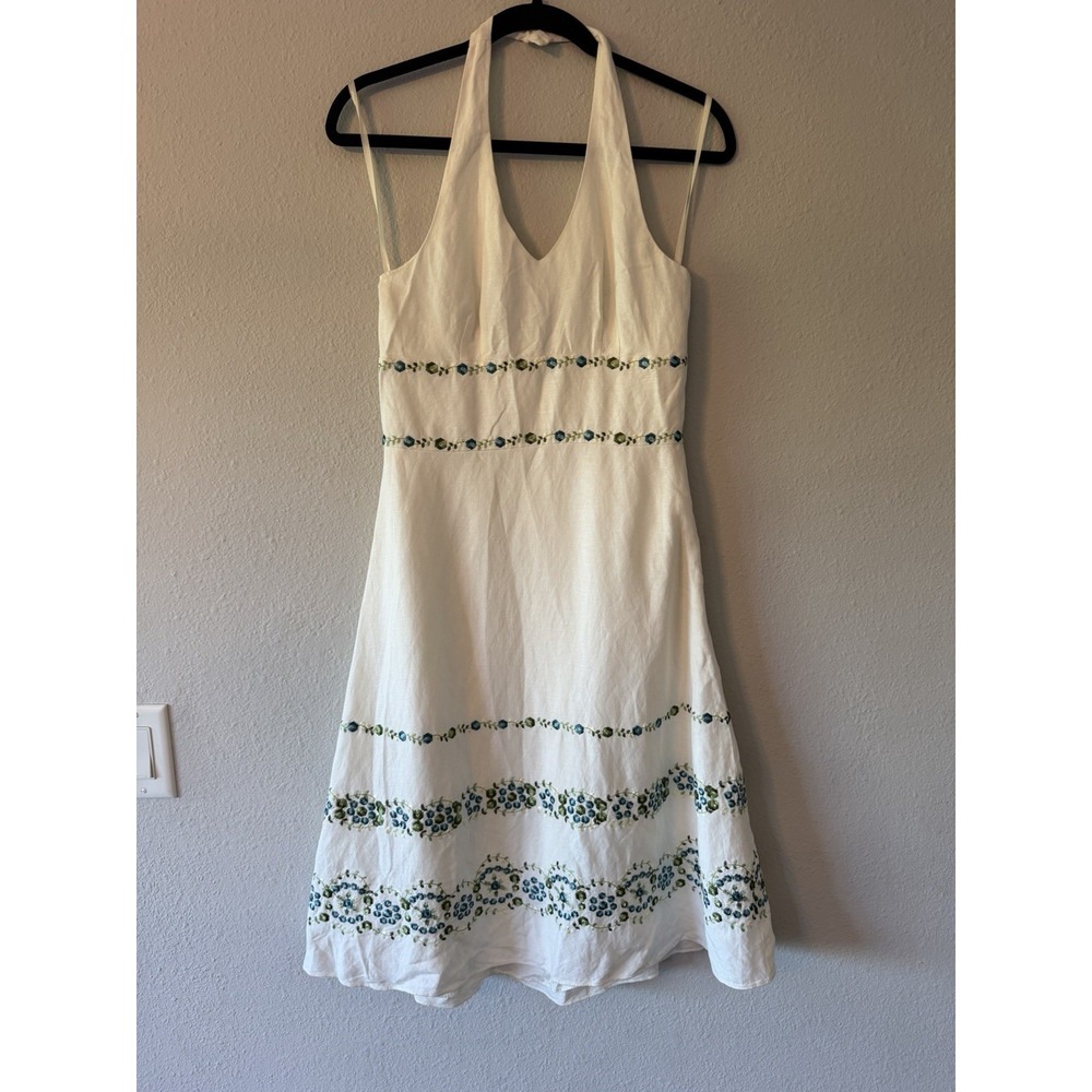 Ann Taylor Women's White Floral Embroidered Halter Linen Dress Size 2 Classic